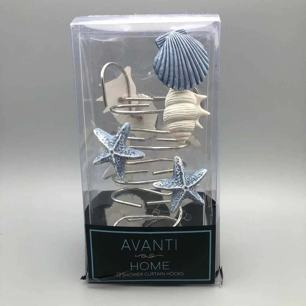 Avanti Home Abstract Coastal Shower Curtain Hooks Set of 12 Blue‎ White Beach